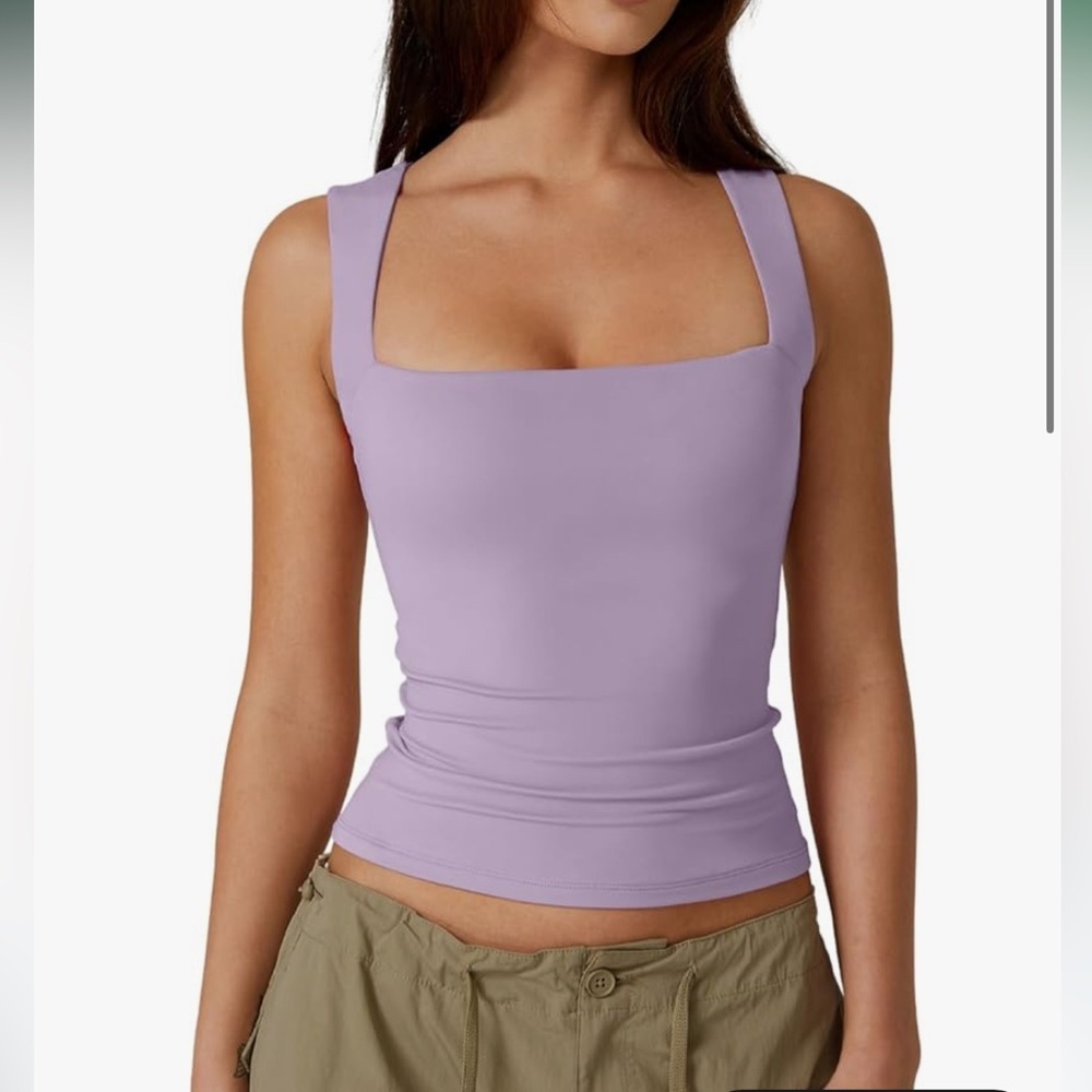Purple Square Neck Sleeveless Double-Layer Tank Top Basic Tight T Shirt S